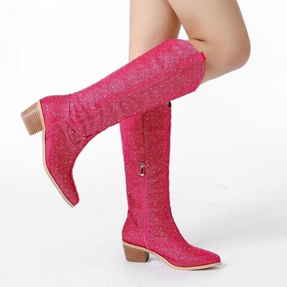 Unbranded | Rhinestone Boots Women Knee High Pointed Toe Chunky Sparkly Cowgirl - Picture 1 of 9